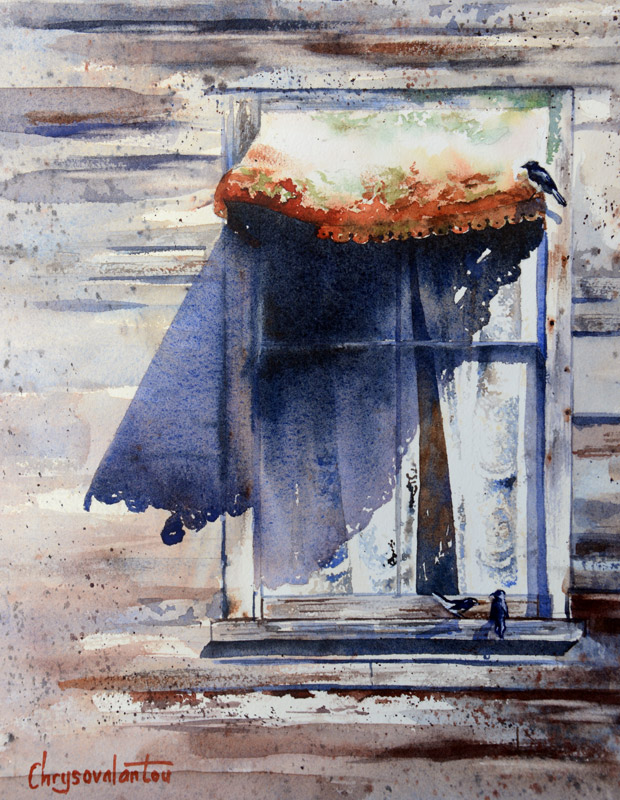 620x800 Old Window Watercolor Painting By Chrysovalanyou Mavroudis - Watercolor Window