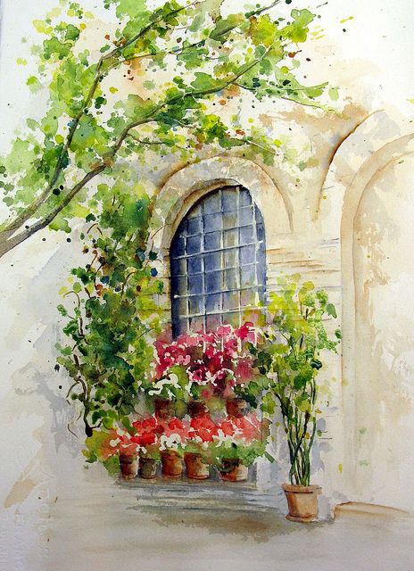 464x640 Watercolor Window Scene Doors And Windows Art - Watercolor Window