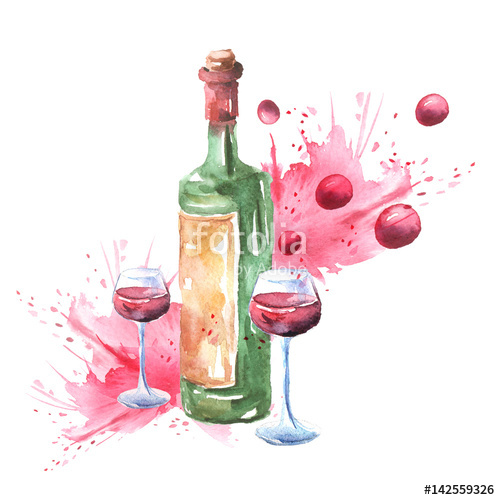 500x500 Red Wine, A Bottle, A Wine Glass. A Composition Of Objects Painted - Watercolor Wine Bottle