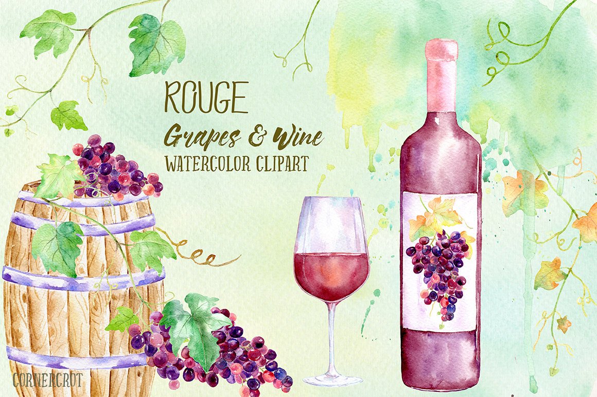 1160x772 Watercolor Rouge Grapes And Wine, Red Grape, Vines, Bottle Of Red - Watercolor Wine Bottle