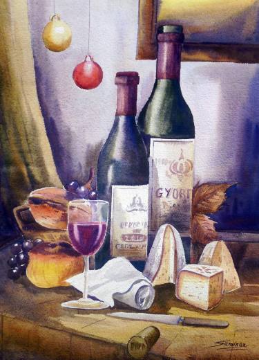 375x520 Wine Bottles, Wine Glass Amp Food Watercolor Painting Painting By - Watercolor Wine Bottle