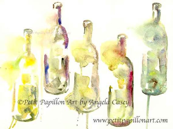 570x426 Wine Bottle Art Painting Wine Watercolor Art Print Home Decor Etsy - Watercolor Wine Bottle