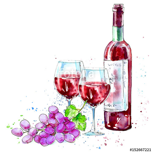 500x500 Bottle Of Red Wine, Glasses And Grapes.picture Of A Alcoholic - Watercolor Wine Bottle