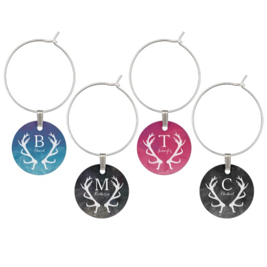 540x540 Watercolor And Rustic Deer Antlers Monogram Wine Glass Charm - Watercolor Wine Glass
