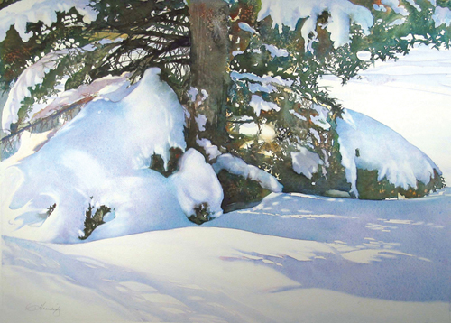 500x358 Watercolor Winter Wonderland Snow Landscapes, Snow Painting - Watercolor Winter Landscapes