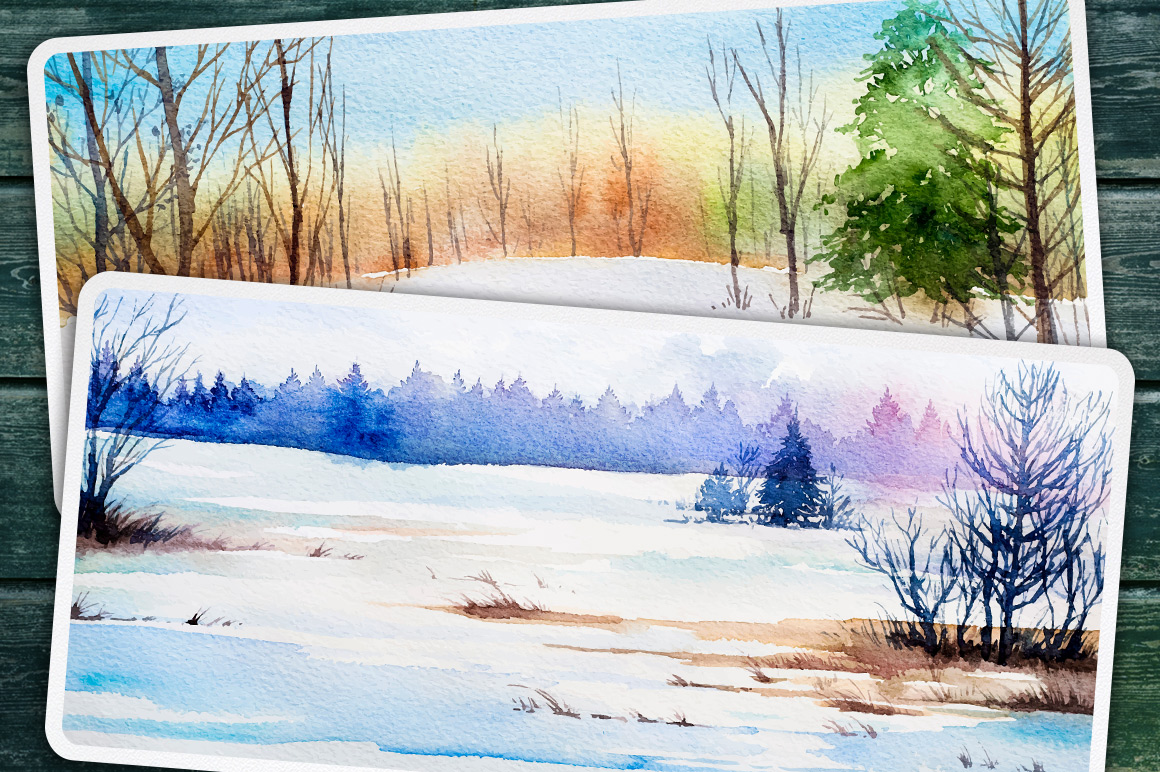 1160x772 Winter Landscapes Set 2. Watercolor. By Alex Green - Watercolor Winter Landscapes