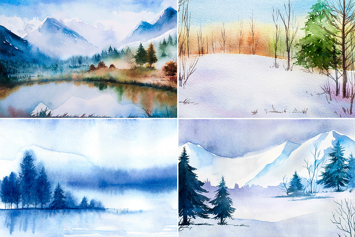 1160x774 Winter Landscapes Set 2. Watercolor. - Watercolor Winter Landscapes