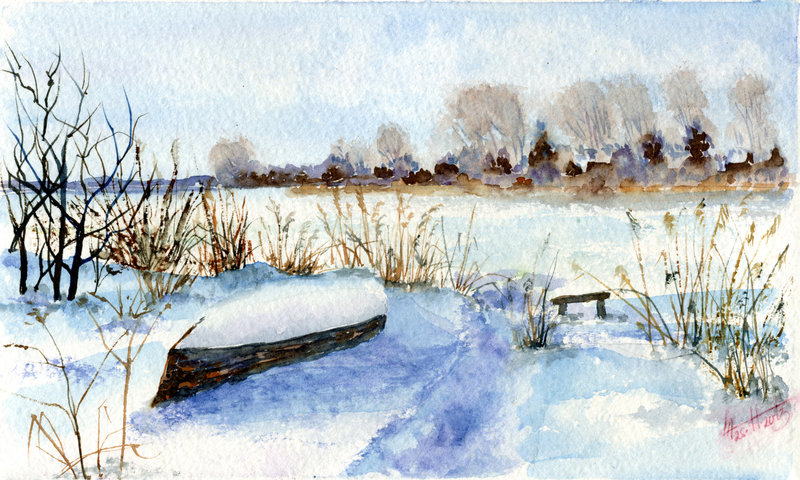 800x480 Winter Landscape 19. Watercolour. By Alartstudio - Watercolor Winter Landscapes