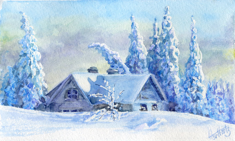 800x480 Winter Landscape 23. Watercolour. By Alartstudio - Watercolor Winter Landscapes