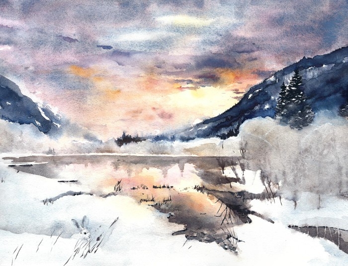 700x536 Winter Landscape Mountains Lake Snow Watercolor Painting Wall - Watercolor Winter Landscapes