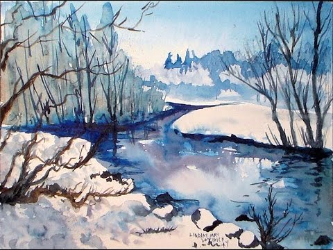 480x360 Icy Stream Winter Landscape In Blue - Watercolor Winter Landscapes