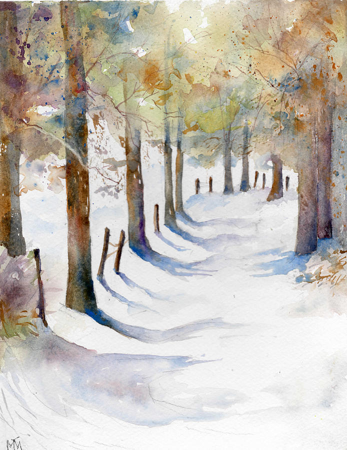694x900 New England Winter Scene Painting By Maureen Moore - Watercolor Winter Scene