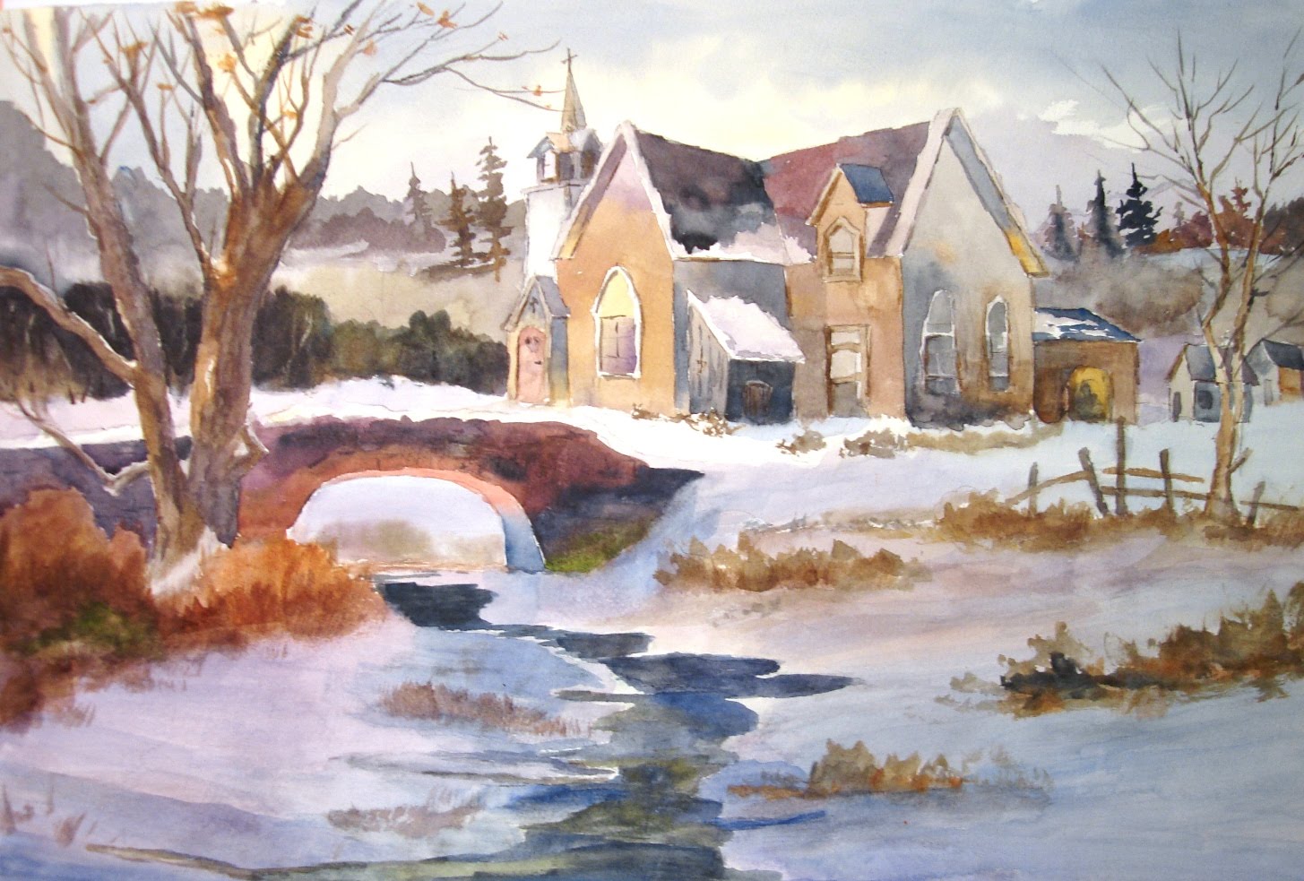 1455x983 Country Church In Winter - Watercolor Winter Scene