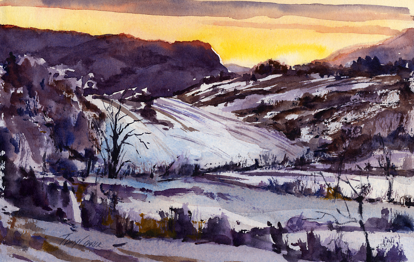 813x515 February En Plein Air Watercolor Winter Landscape - Watercolor Winter Scene