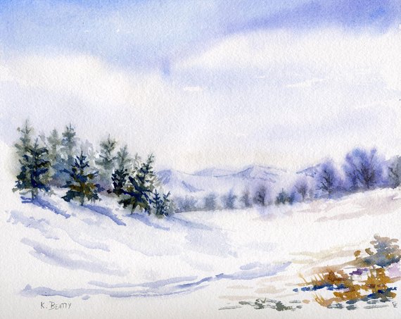 570x453 Winter Landscape Watercolor Snow Scene Digital Download Etsy - Watercolor Winter Scene