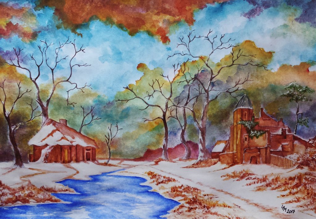 1024x710 Winter Scene (Watercolor) By Alexandradart - Watercolor Winter Scene