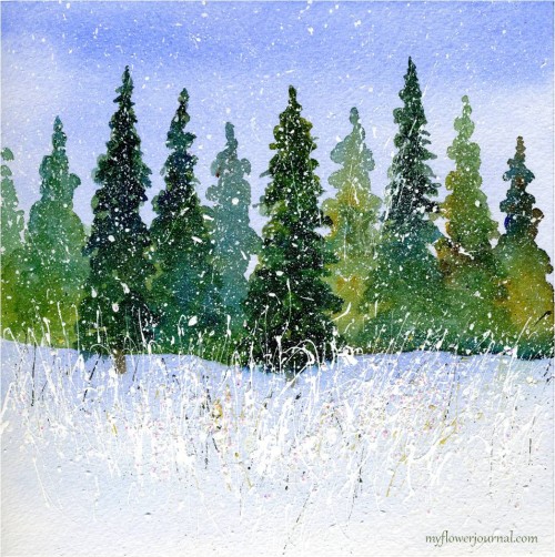 500x502 Winter Watercolor With Splattered Acrylic Paint - Watercolor Winter Scene