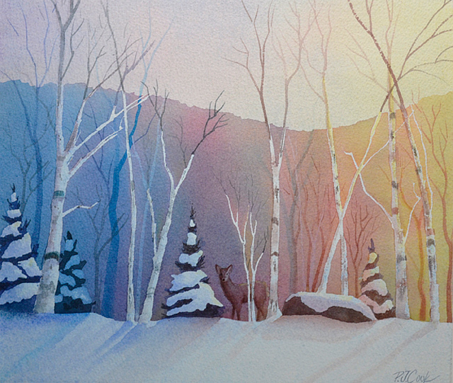 640x541 Winter Light Watercolor Of A Snow Scene With Deer - Watercolor Winter Snow Scenes