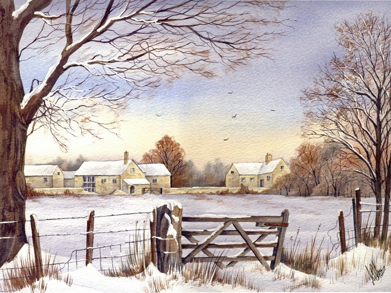 800x600 Broken Gate Watercolour Scene Canvas Art - Watercolor Winter Snow Scenes