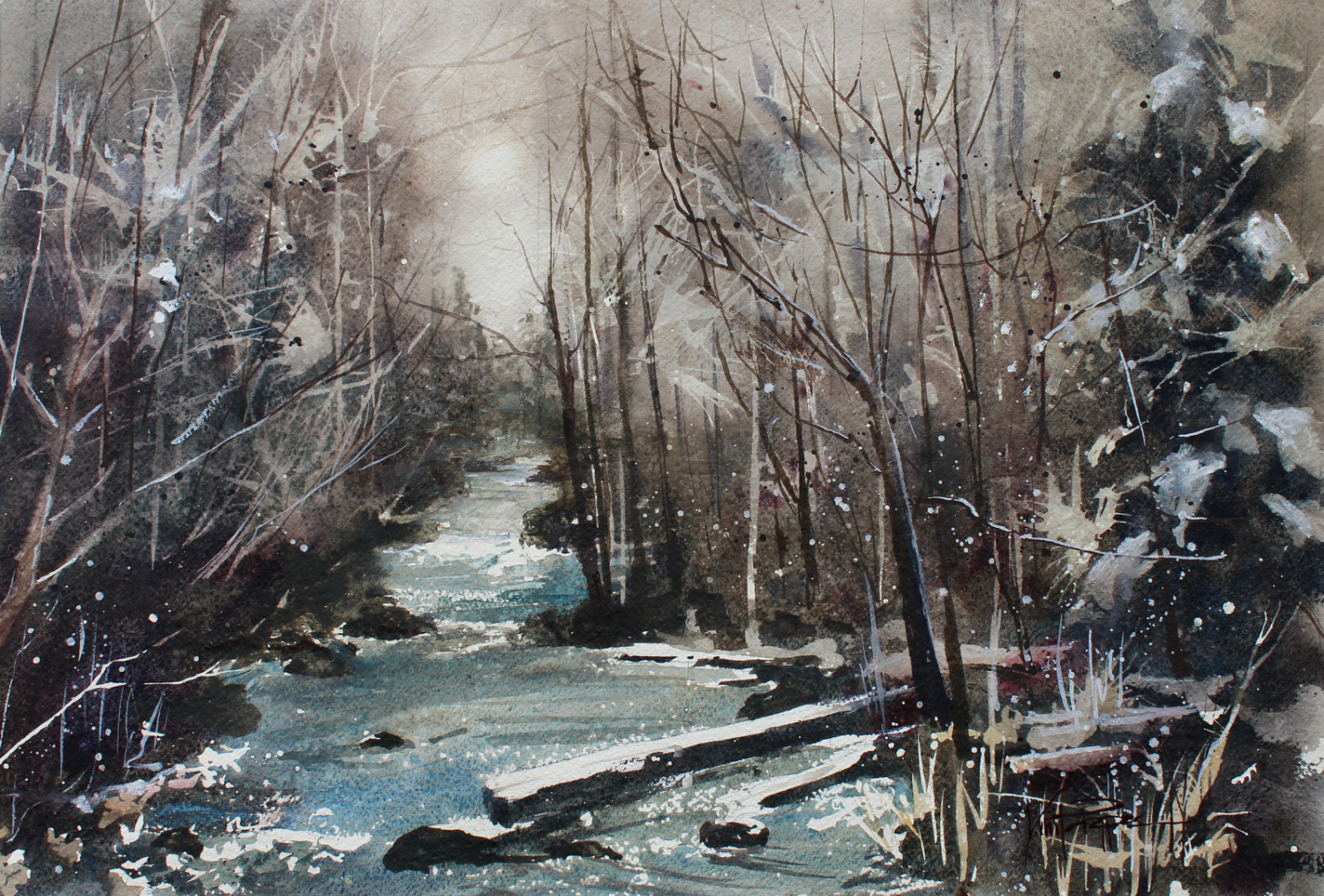 1500x1015 Rock Creek Between Snowy Evergreen Trees - Watercolor Winter Trees