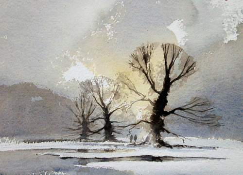 500x362 Three Winter Trees - Watercolor Winter Trees