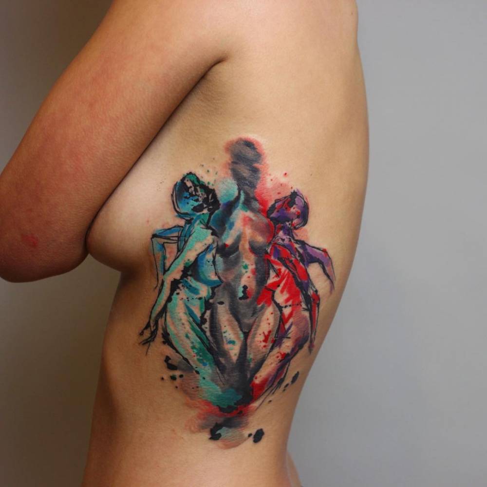1000x1000 Watercolor Style Side Tattoo Of Three Women Body - Watercolor Woman Body