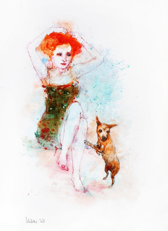 570x783 Woman And Dog Painting. Woman Figure Watercolor Painting. Dog Etsy - Watercolor Woman Figure
