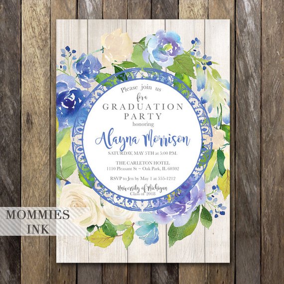 570x570 Purple Graduation Party Invitation, Watercolor Flowers Invitation - Watercolor Wood Grain