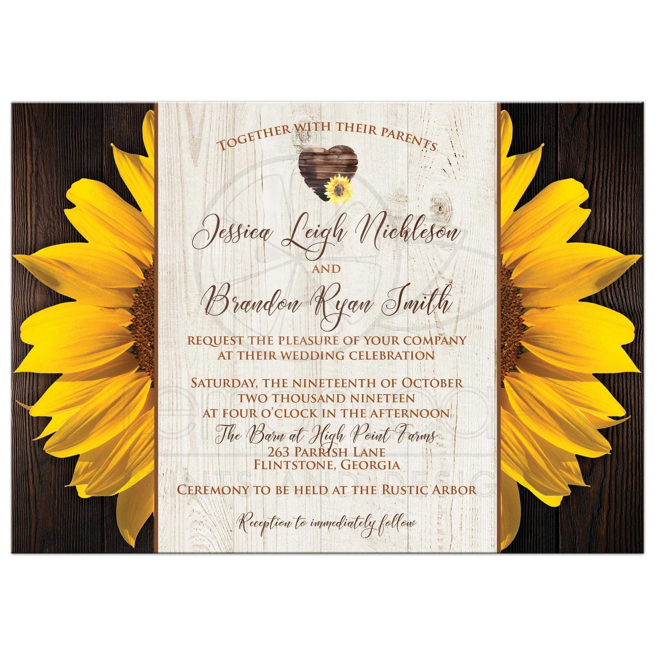 2175x2175 Sunflowers On Wood Grain Wedding Invitation With Heart - Watercolor Wood Grain