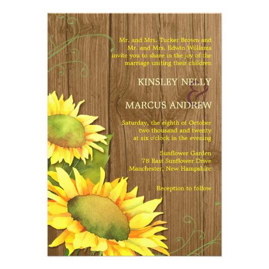 530x530 Watercolor Sunflowers Wood Grain Wedding Invites Invitations 4 U - Watercolor Wood Grain