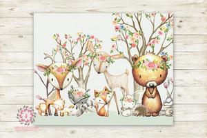 300x200 Woodland Animals Wall Art Print Boho Deer Bunny Fox Bear Hedgehog - Watercolor Woodland Animals