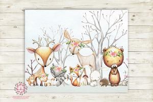 300x200 Woodland Animals Wall Art Print Boho Floral Deer Bunny Fox Bear - Watercolor Woodland Animals