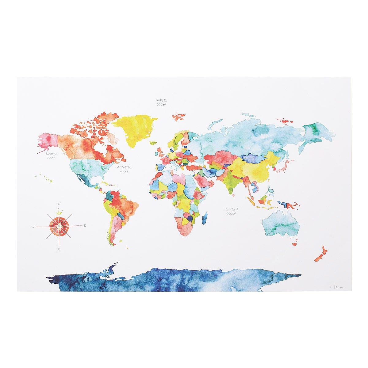 1200x1200 Watercolor World Map Painted World Map, Color Coded Map - Watercolor World