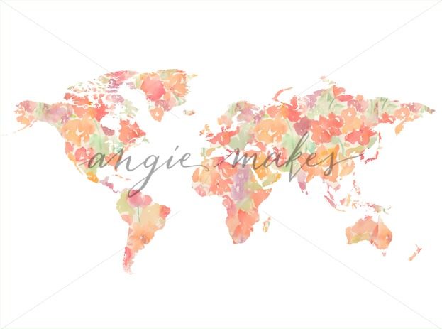 623x463 Watercolor World Map Floral Wall Art. Printable World Art - Watercolor World Map