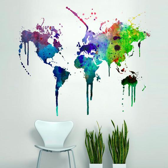 570x571 World Map Watercolor Decal Watercolor World Map Wall Etsy - Watercolor World Map