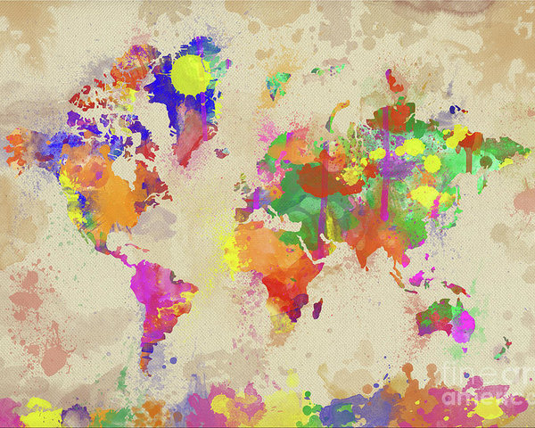 600x480 Watercolor World Map On Old Canvas Poster By Zaira Dzhaubaeva - Watercolor World Map Poster