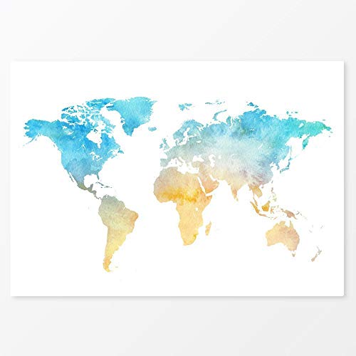 500x500 Watercolour World Map Poster, Blue Yellow Print, Size 5x7, 8x10 - Watercolor World Map Poster