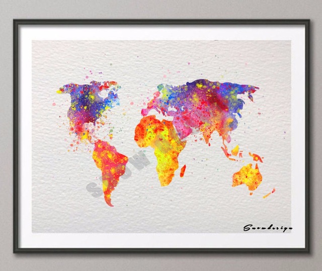 640x539 Diy Original Watercolor World Map Wall Art Canvas Painting Poster - Watercolor World Map Poster