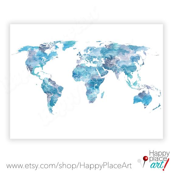 570x570 Blue White World Map Wallpaper Inclusive Installation - Watercolor World Map Wallpaper