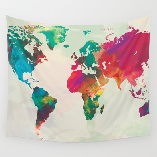 550x550 Watercolor World Map Wall Tapestry By Champagne Society6 - Watercolor World Painting
