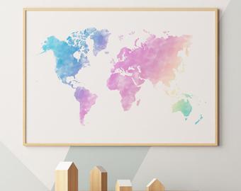 340x270 Watercolor World Map Etsy - Watercolor World Painting