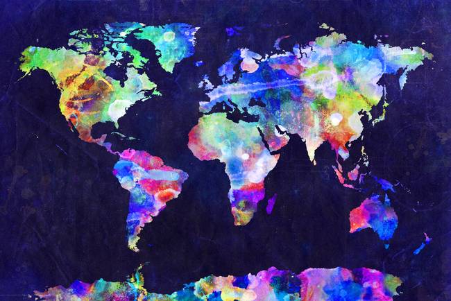 650x434 World Map Urban Watercolor By Michael Tompsett - Watercolor World Painting