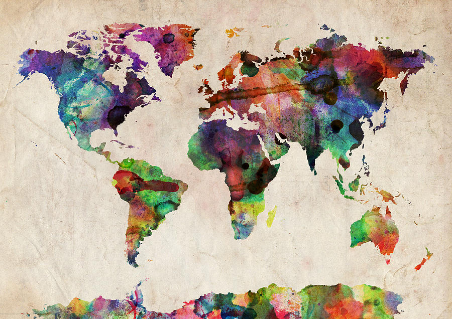 900x636 World Map Watercolor Digital Art By Michael Tompsett - Watercolor World Painting