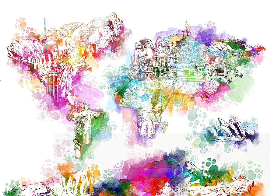 900x644 World Map Watercolor Landmarks Painting By Bekim Art - Watercolor World Painting