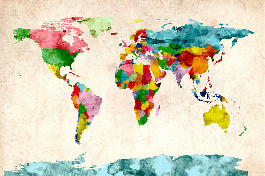 900x600 World Map Watercolors Digital Art By Michael Tompsett - Watercolor World Painting