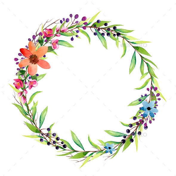 590x590 Watercolor Wreath With Flowers, Foliage And Branch By Smotrivnebo - Watercolor Wreath