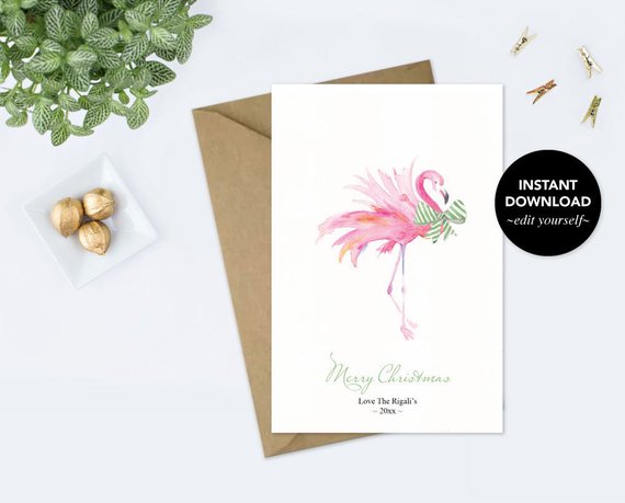 570x459 Holiday Card, Editable Text, Thank You Card, Printable, Template - Watercolor Xmas Cards