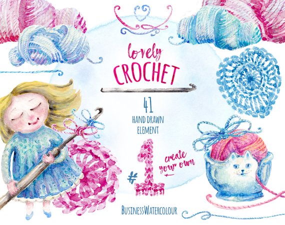 570x451 Lovely Crocheting Clipart Hand Drawn Watercolor Yarn Wool Etsy - Watercolor Yarn