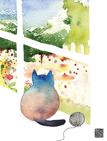 343x451 Window Cat Garden Yarn Miss You Watercolor Greeting Card By Masha - Watercolor Yarn