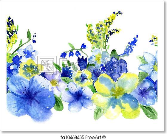 560x470 Free Art Print Of Watercolor Dark Blue And Yellow Flowers On A - Watercolor Yellow Flowers